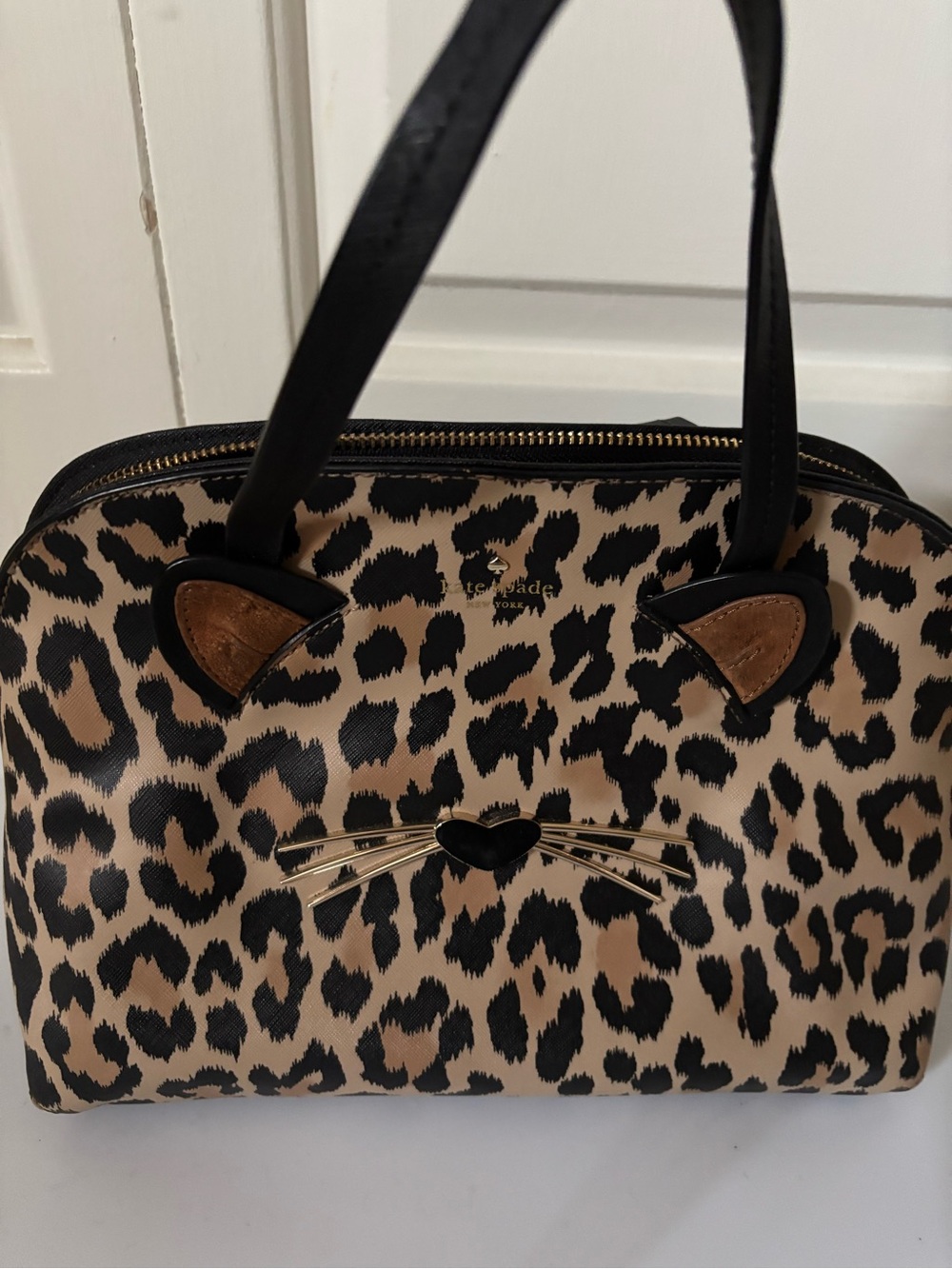 kate spade Leopard Cat-Accent Satchel - Black & Tan